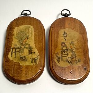 Set of 2 Vintage Wood Decoupage Holly Hobbie Wall Hanging Plaques Circa 1970’s